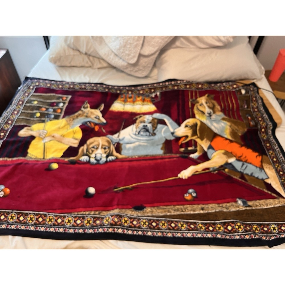 Vintage Dogs Playing Pool Velour Tapestry Wall Hanging 80's Billiards Kitsch